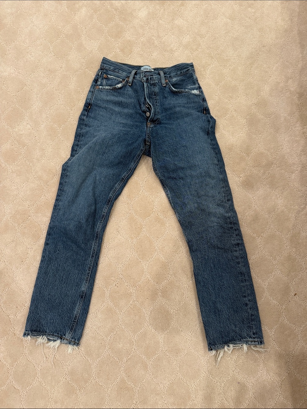 Agolde Women's Straight Leg Jeans in Washed Blue with Frayed Hem